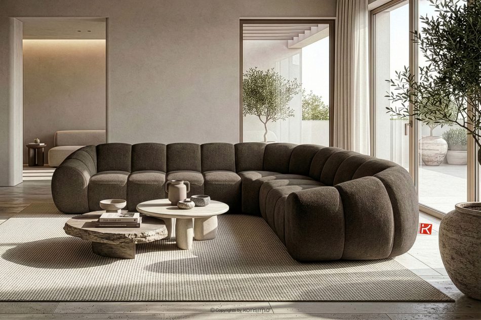 FLAVA Großes gestepptes Ecksofa im Retro-Modern-Stil rechts braun Braun - Foto 9