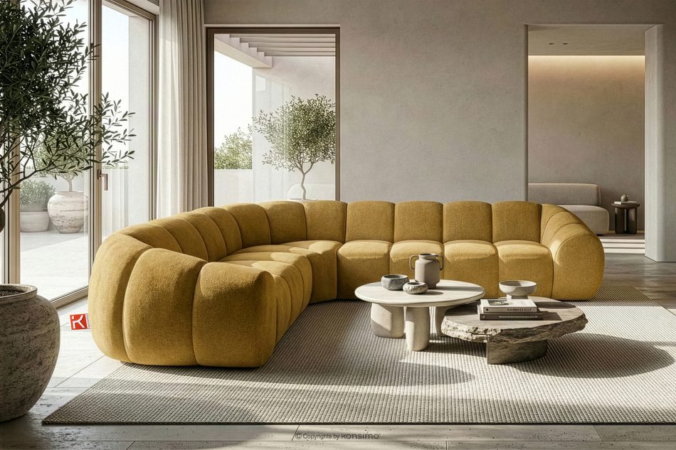 FLAVA Großes gestepptes Ecksofa im Retro-Modern-Stil links honigfarben Honigfarben - Foto 9