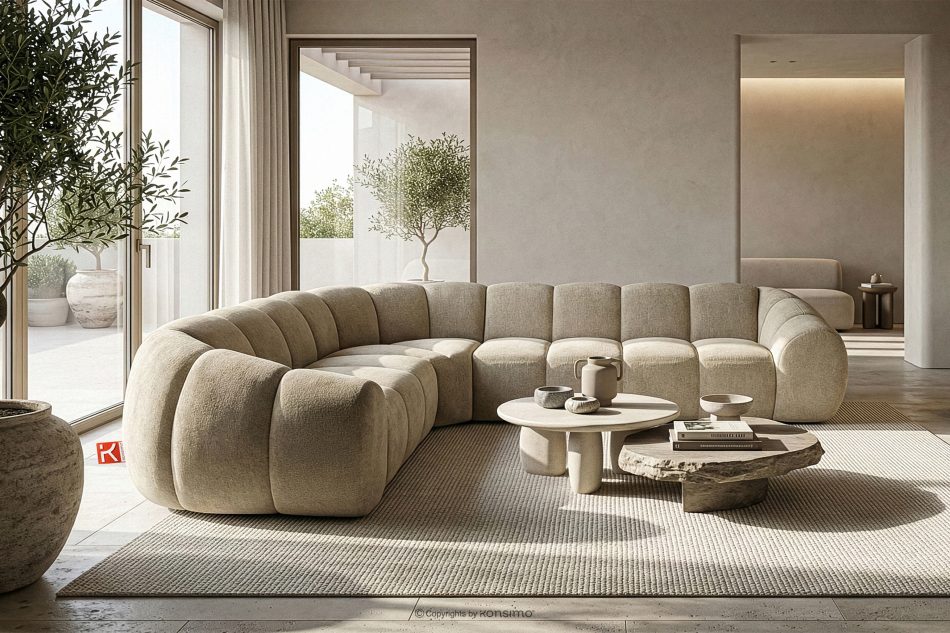 FLAVA Großes gestepptes Ecksofa im Retro-Modern-Stil links sandfarben Sandfarben - Foto 9