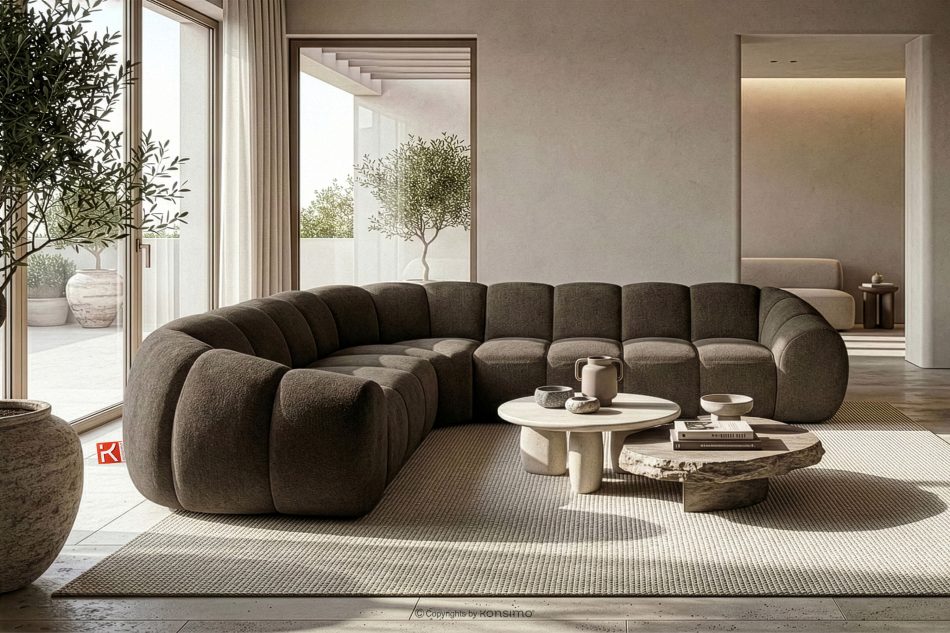 FLAVA Großes gestepptes Ecksofa im Retro-Modern-Stil links braun Braun - Foto 9