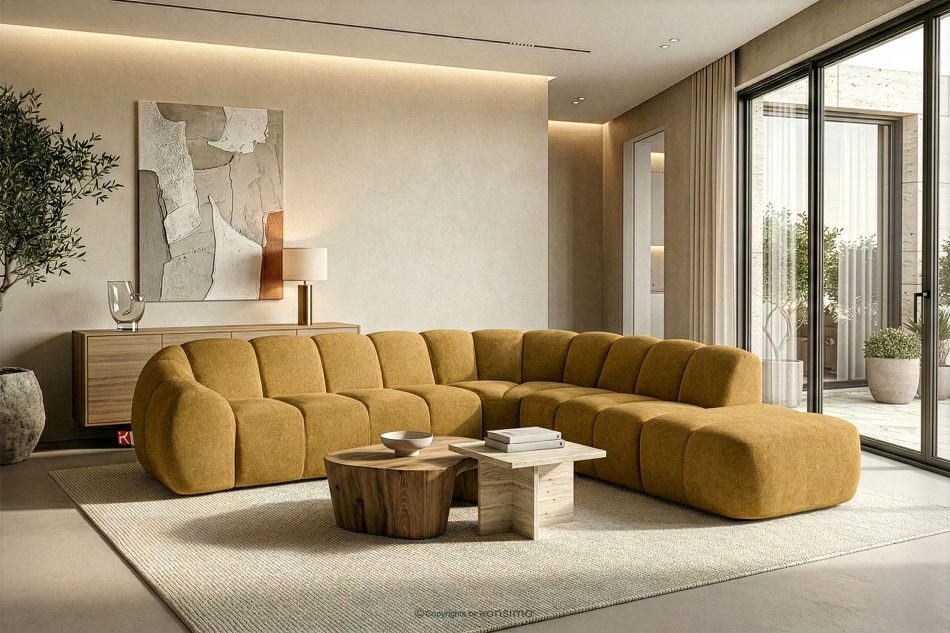 FLAVA Großes gestepptes modulares Ecksofa im Retro-Modern-Stil rechts honigfarben Honigfarben - Foto 10