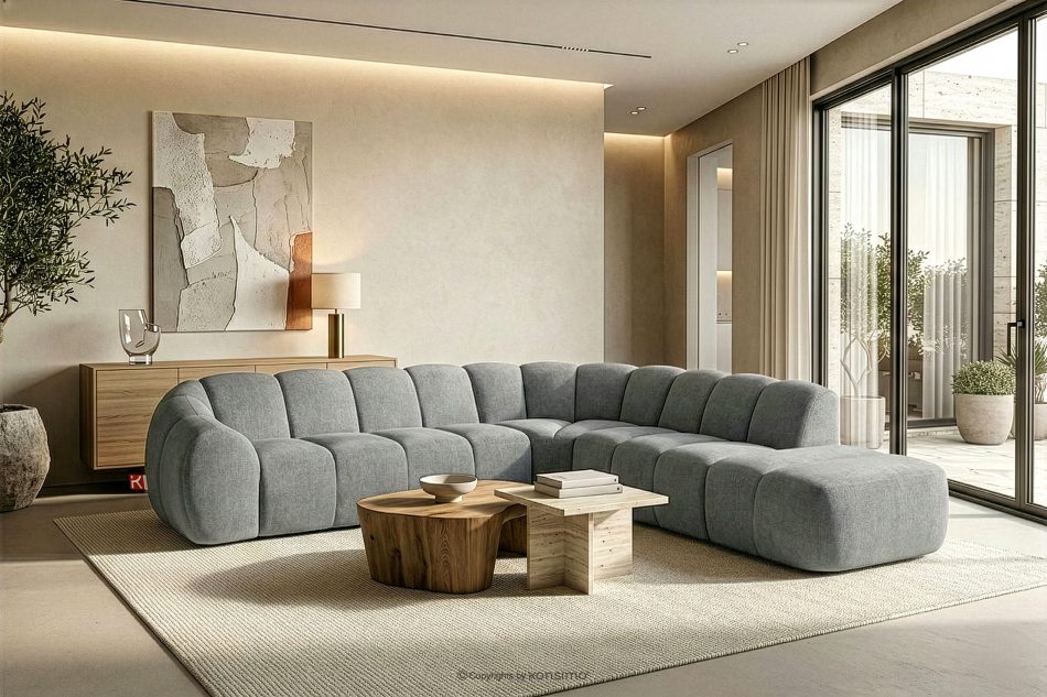 FLAVA Großes gestepptes modulares Ecksofa im Retro-Modern-Stil rechts hellgrau Hellgrau - Foto 10