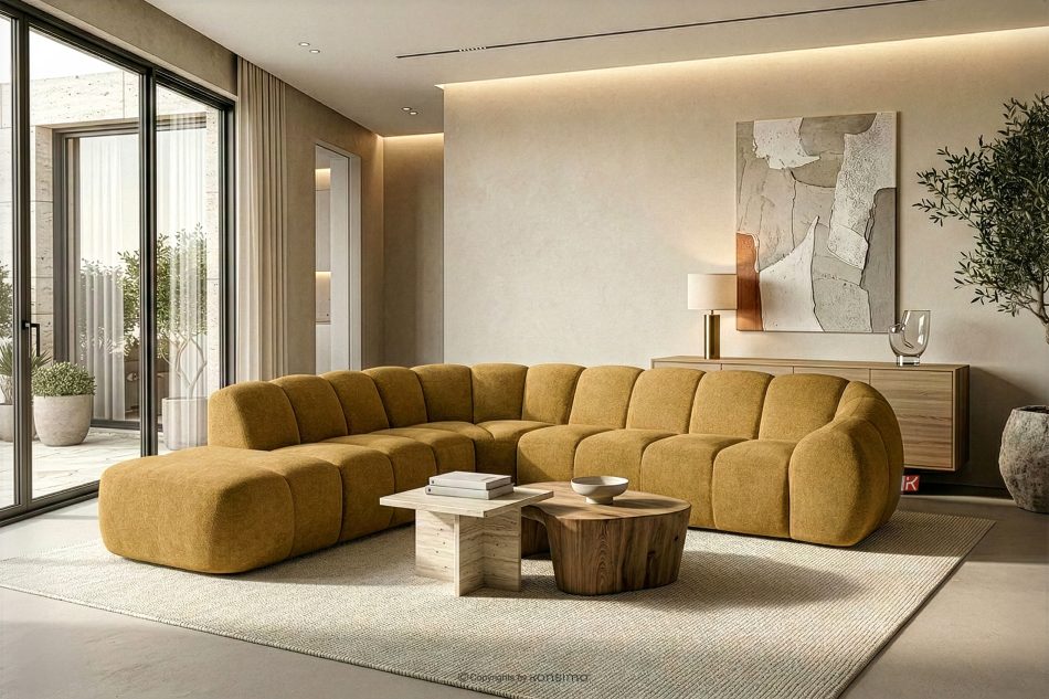 FLAVA Großes gestepptes modulares Ecksofa im Retro-Modern-Stil links honigfarben Honigfarben - Foto 10