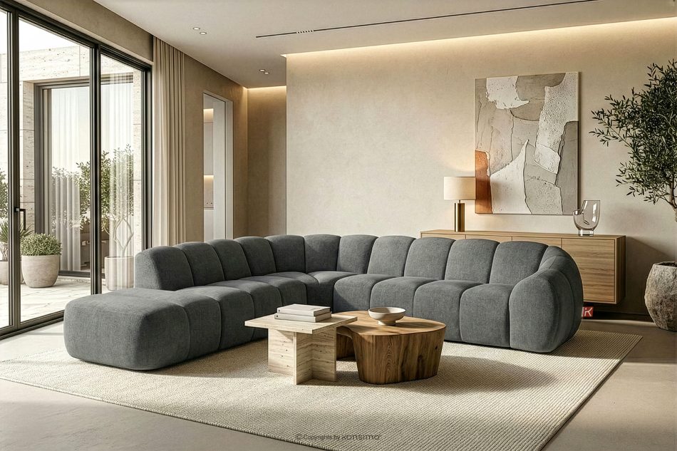 FLAVA Großes gestepptes Ecksofa im Retro-Modern-Stil links grau Grau - Foto 10