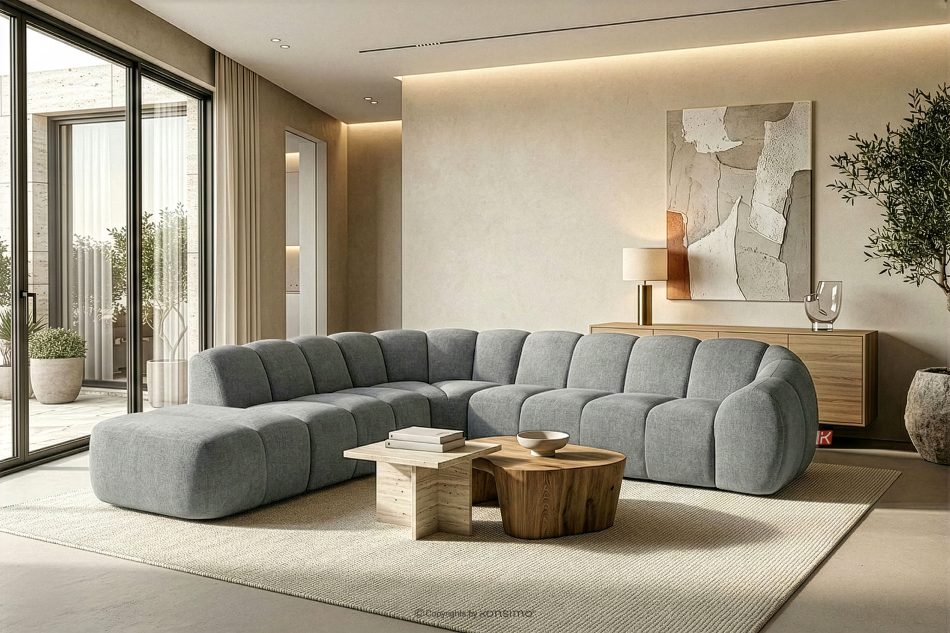 FLAVA Großes gestepptes Ecksofa im Retro-Modern-Stil links hellgrau Hellgrau - Foto 10