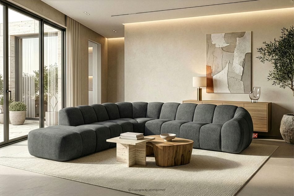 FLAVA Großes gestepptes Ecksofa im Retro-Modern-Stil links graphit Graphit - Foto 10