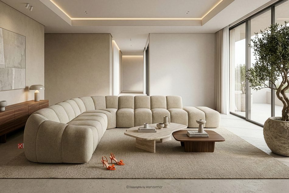 FLAVA Modulares Curve-Ecksofa im Retro-Modern-Stil rechts sandfarben Sandfarben - Foto 10
