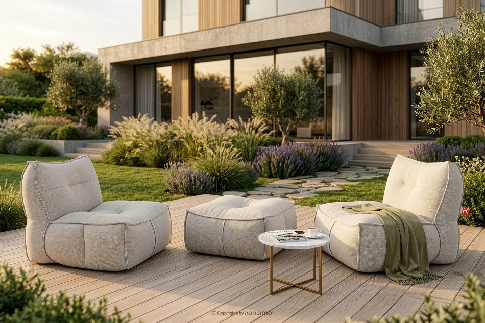 LOVIA Weicher Sitzhocker für den Garten aus gewebtem Outdoor-Stoff, dunkelbeige/weiß dunkelbeige/weiß - Foto 1