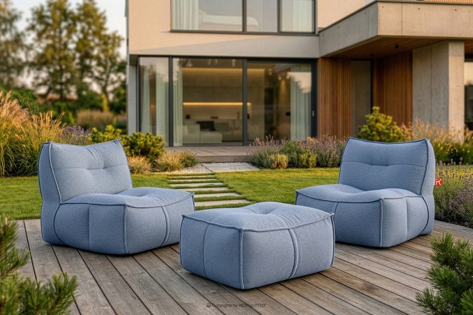 LOVIA Bequemer Sitzhocker für den Garten aus gewebtem Outdoor-Stoff, marineblau/weiß marineblau/weiß - Foto 1