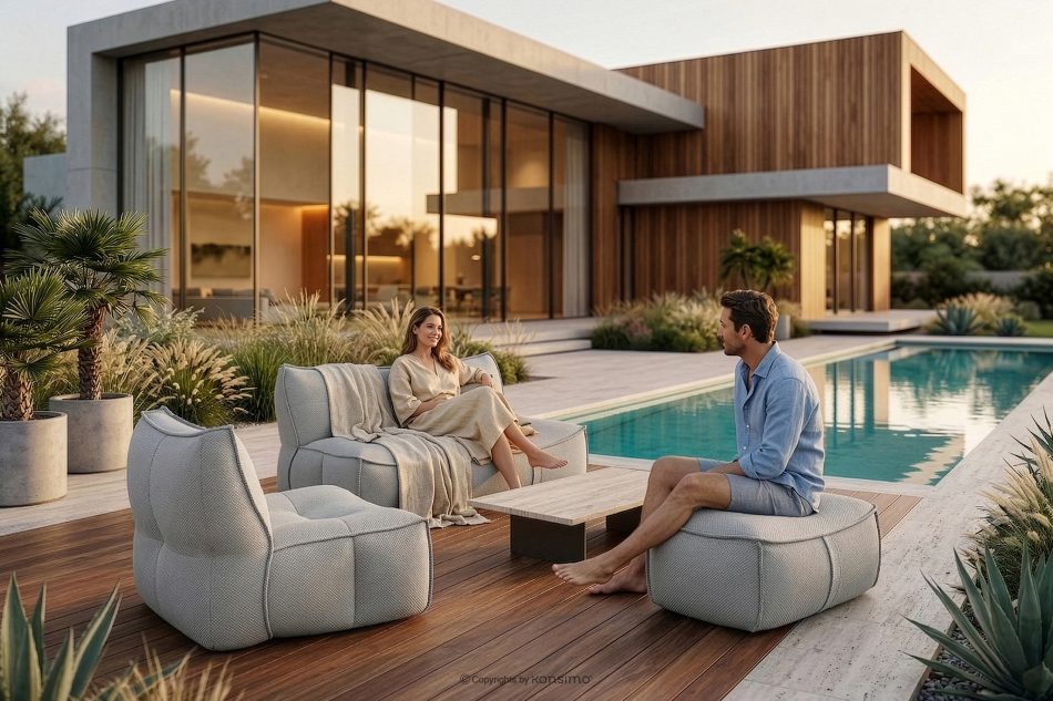 LOVIA Weicher Sessel für den Garten aus gewebtem Outdoor-Stoff, dunkelbeige/weiß dunkelbeige/weiß - Foto 20
