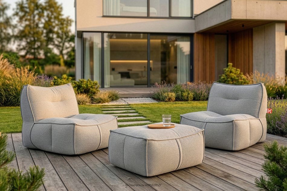 LOVIA Weicher Gartensessel und Sitzhocker aus Outdoor-Gewebestoff dunkelgrau/weiß dunkelgrau/weiß - Foto 1