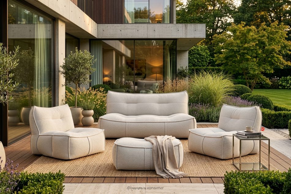 LOVIA Gartenmöbel-Set Sessel, Sofa und Sitzhocker aus Outdoor-Gewebestoff dunkelbeige/weiß dunkelbeige/weiß - Foto 37