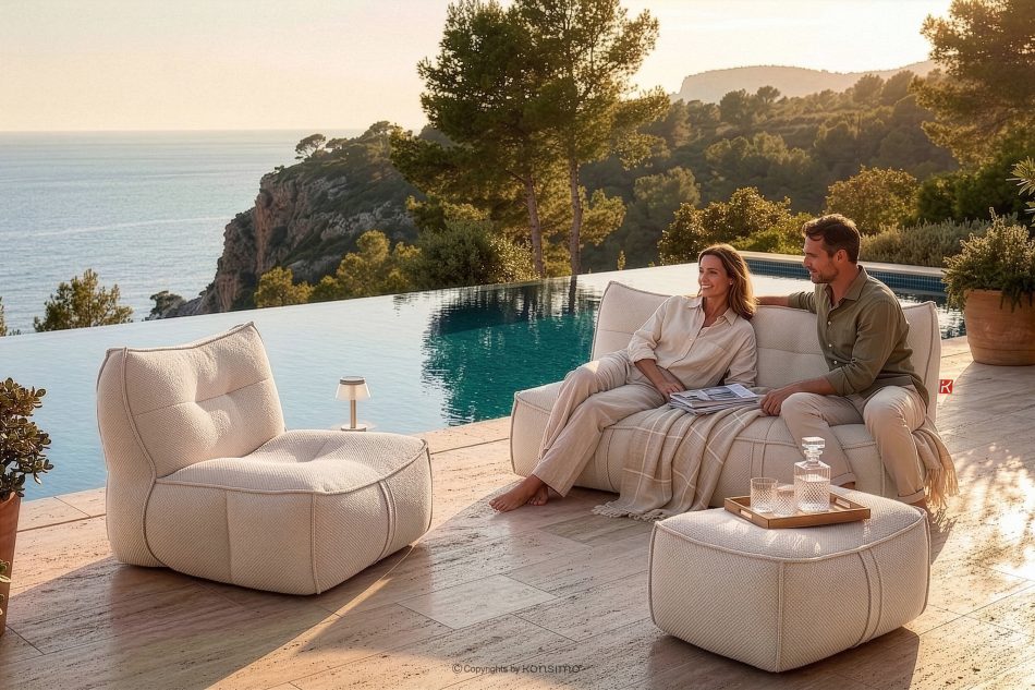 LOVIA Gartenmöbel-Set Sessel, Sofa und Sitzhocker aus Outdoor-Gewebestoff dunkelbeige/weiß dunkelbeige/weiß - Foto 38