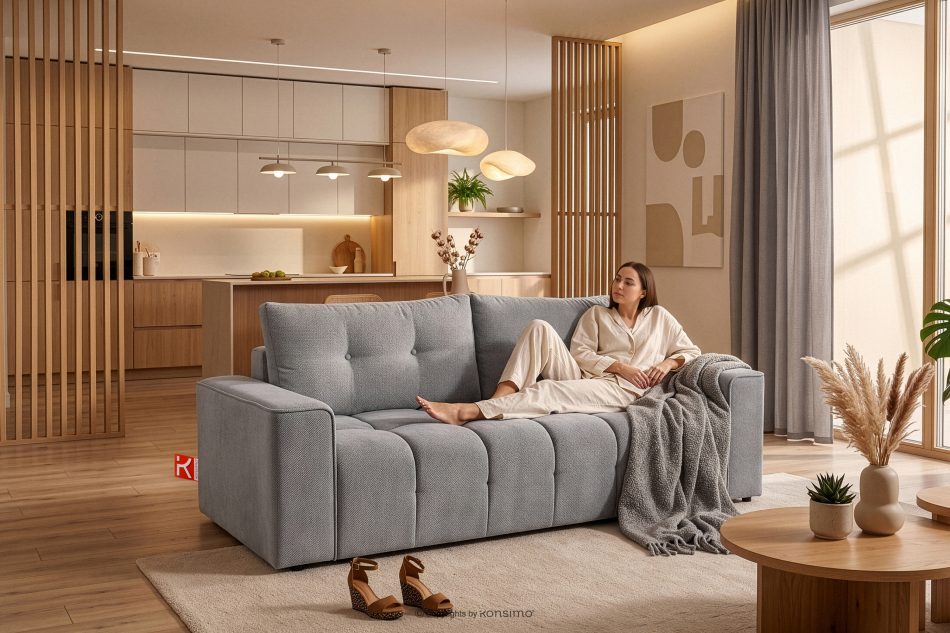 RUSA Gestepptes Dreisitzer-Schlafsofa ausziehbar in einem grauen Gewebestoff grau - Foto 20