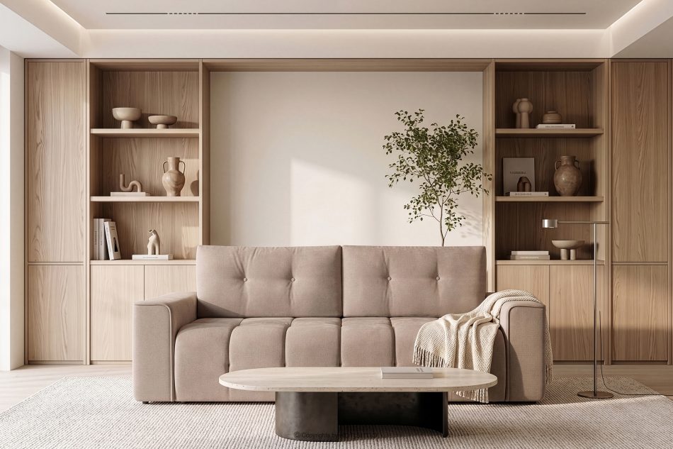 RUSA Gestepptes Dreisitzer-Schlafsofa ausziehbar in Gewebestoff in Hellbeige hellbeige - Foto 19