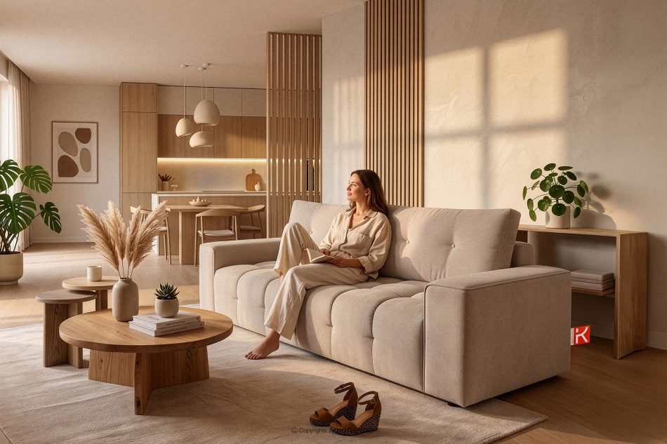 RUSA Gestepptes Dreisitzer-Schlafsofa ausziehbar in Gewebestoff in Hellbeige hellbeige - Foto 20