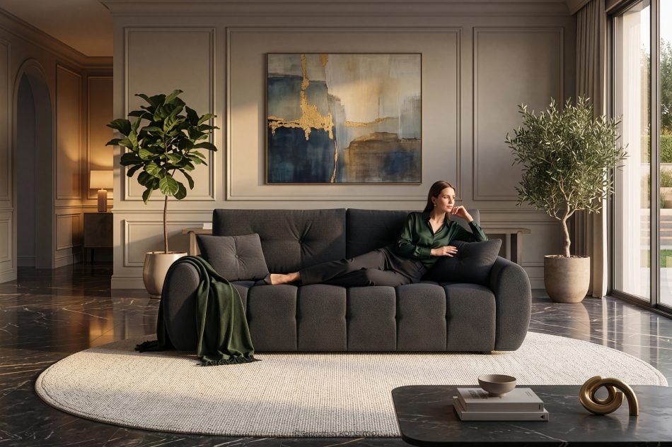 HELLA Gestepptes Dreisitzer-Sofa mit Schlaffunktion aus anthrazitfarbenem Gewebestoff anthrazit - Foto 17