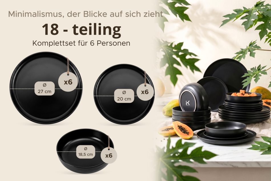 VICTO Modernes Tafelservice 6-Personen-Set (18 tlg.) Schwarz matt schwarz/matt - Foto 8