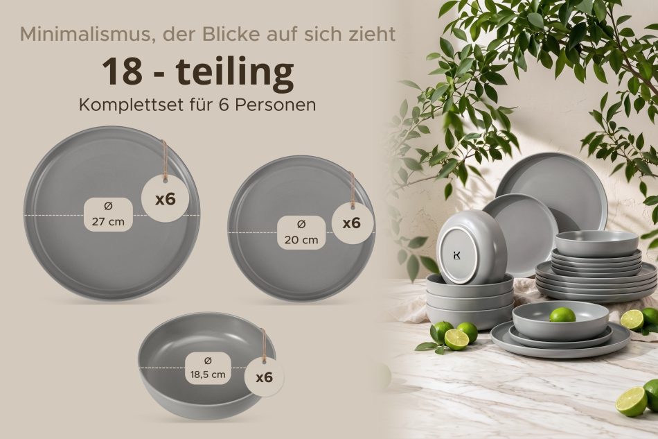VICTO Modernes Tafelservice 6-Personen-Set (18 tlg.) grau grau - Foto 8