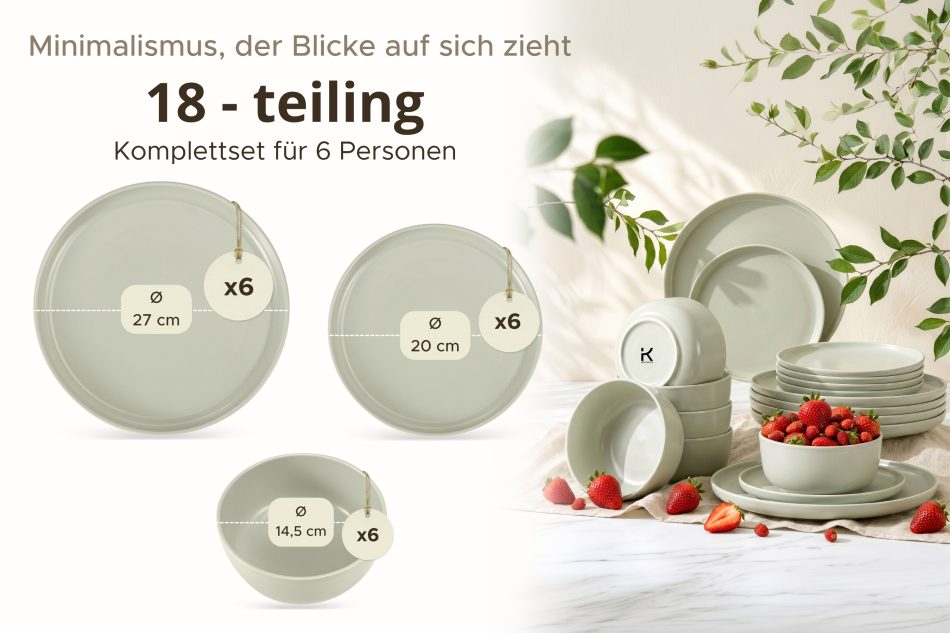 VICTO Tafelservice 6-Personen-Set (18 tlg.) beige/grün/grau matt beige/grün/grau matt - Foto 8