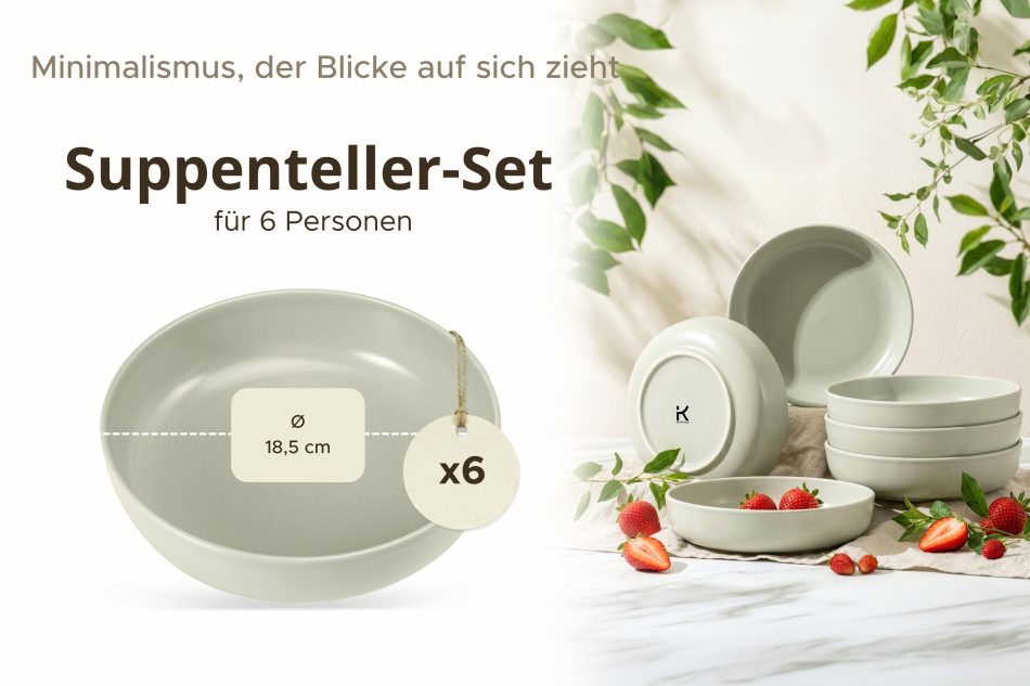 VICTO Suppenteller Set für 6 Personen beige/grün/grau matt beige/grün/grau matt - Foto 6