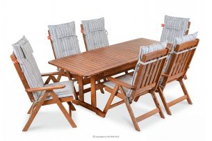 ALCES, https://konsimo.de/kollektion/alces/ Tisch- und Stuhlset aus massivem Kiefernholz für 6 Personen mit Kissen braun/weiß/blau/beige/rot braun/weiß/blau/beige - Foto