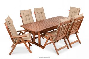 ALCES, https://konsimo.de/kollektion/alces/ Tisch- und Stuhlset aus massivem Kiefernholz für 6 Personen mit Kissen braun/sandfarben braun/sandfarben - Foto