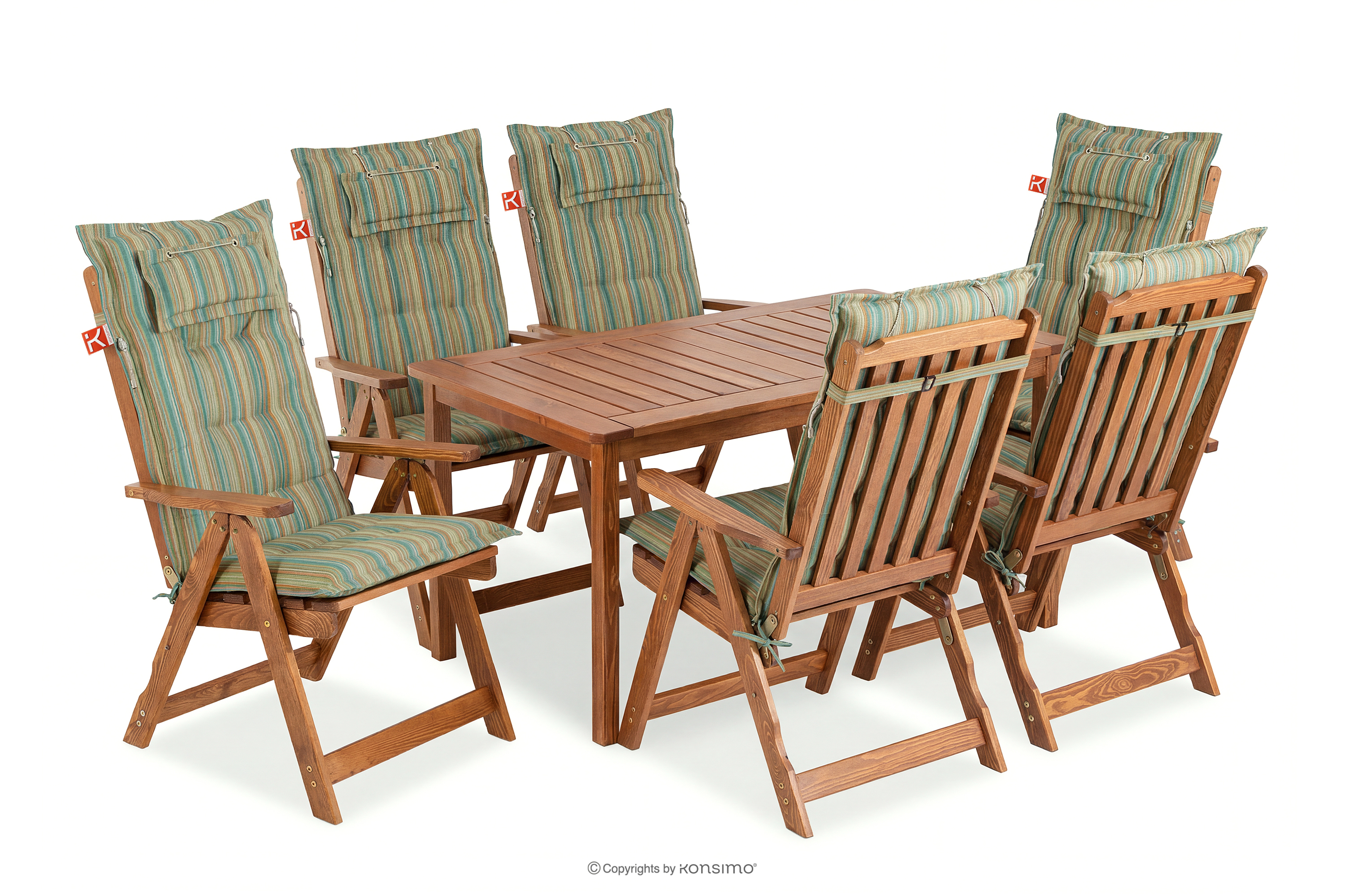 Garten-Tisch- und Stuhlset für 6 Personen mit Kissen braun/grün/orange/blau