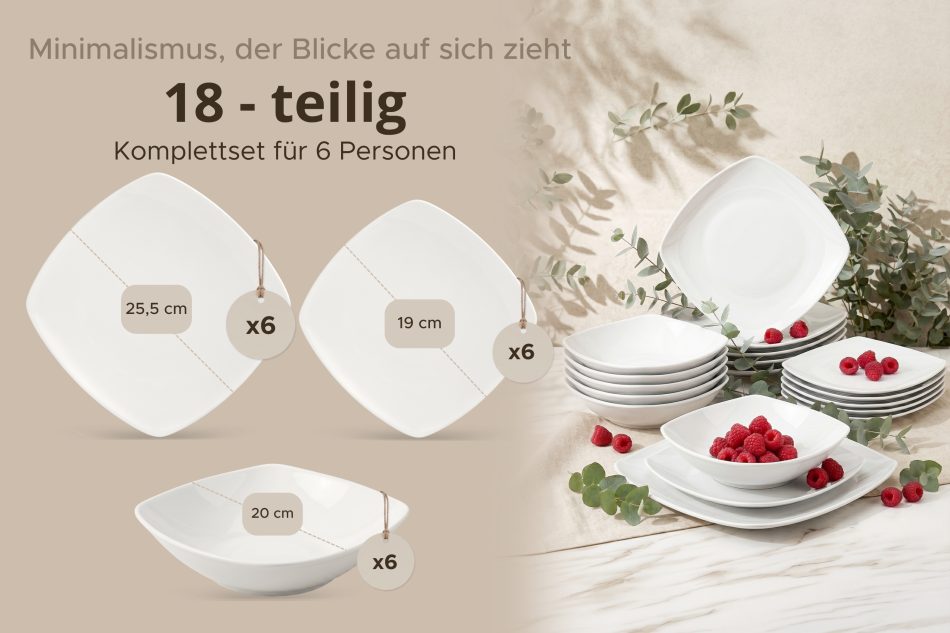 CARLINA Quadratisches Tafelservice für 6 Personen 18 Elemente weiß weiß - Foto 8