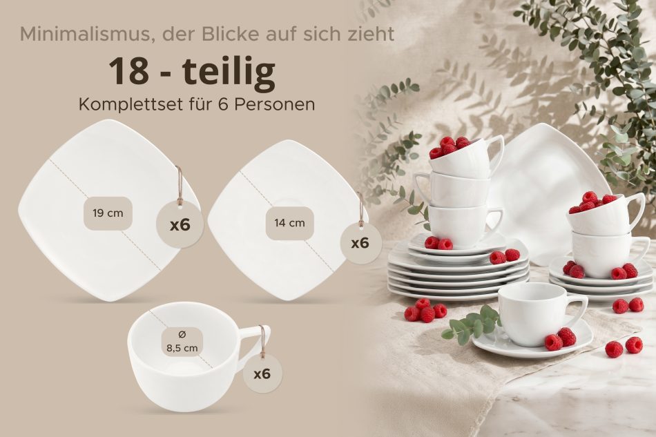 CARLINA Quadratisches Kaffeeservice für 6 Personen 18-teilig weiß weiß - Foto 9