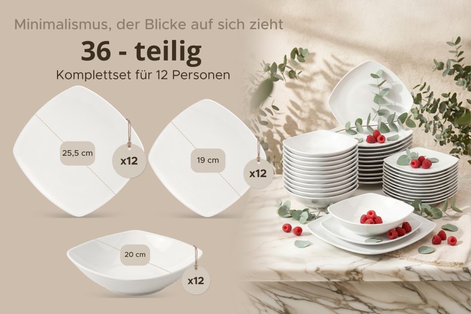 CARLINA Quadratisches Essgeschirr für 12 Personen 36-teilig weiß weiß - Foto 8