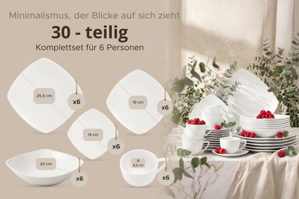CARLINA Ess- und Kaffeeservice für 6 Personen 30 Elemente weiß weiß - Foto 14