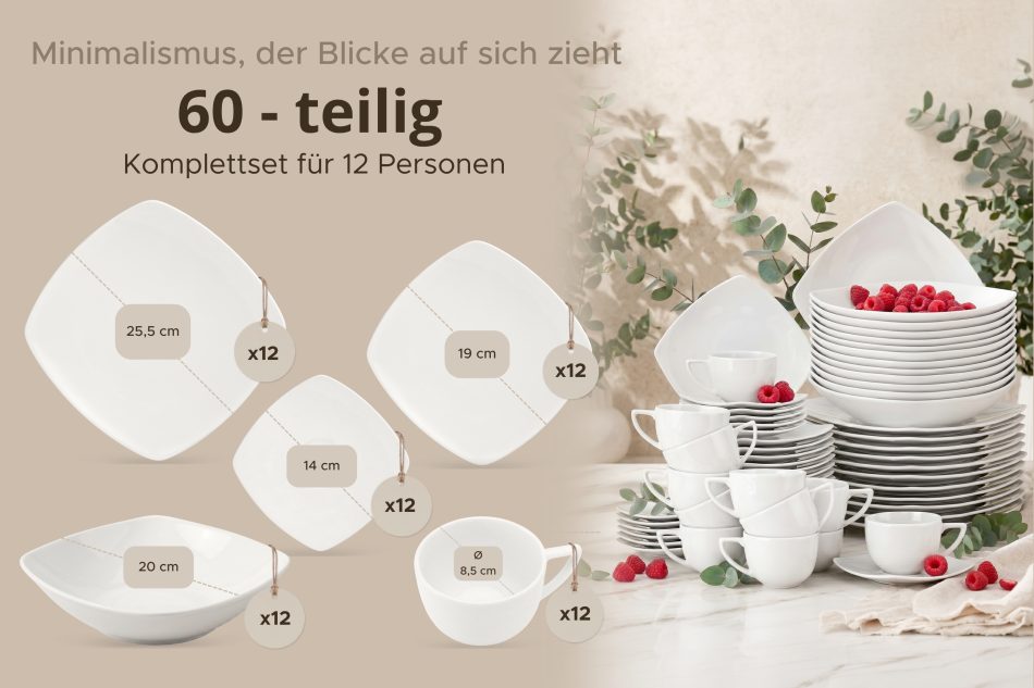 CARLINA Tafel- und Kaffeeservice für 12 Personen 60 Elemente weiß weiß - Foto 14