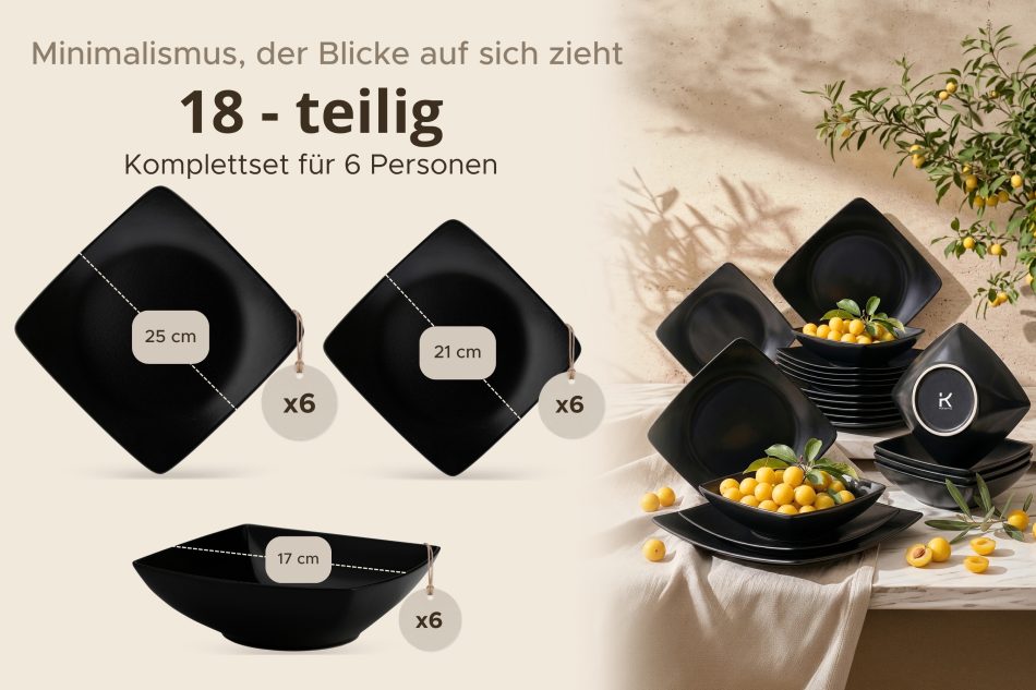 EPIRI Porzellan Tafelservice 6-Personen  (18 tlg.) schwarz matt mattes schwarz - Foto 8