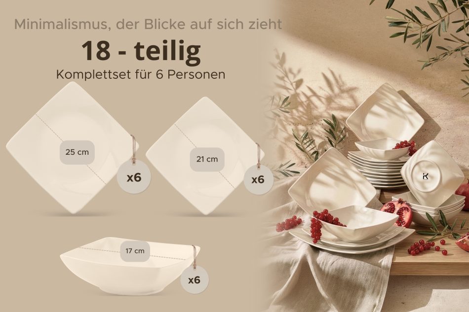 EPIRI Quadratisches Essgeschirrset beige glänzend für 6 Personen (18 tlg) beige glänzend - Foto 8