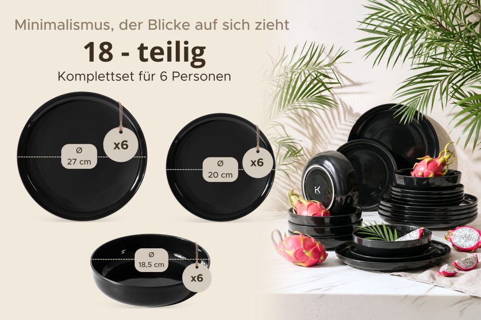 VICTO Tafelservice glänzend schwarz 6-Personen (18-tlg.) Schwarz glänzend - Foto 8