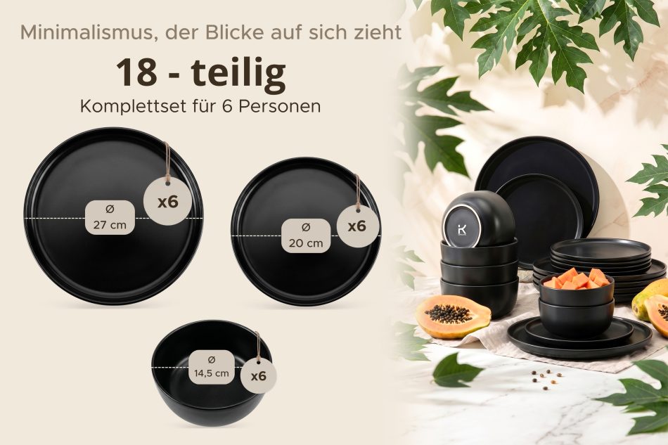VICTO Tafelservice 6-Personen-Set (18 tlg.) Schwarz matt schwarz/matt - Foto 8