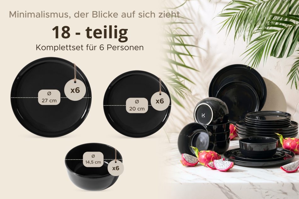 VICTO Tafelservice schwarz glänzend 6-Personen (18-tlg.) Schwarz glänzend - Foto 8