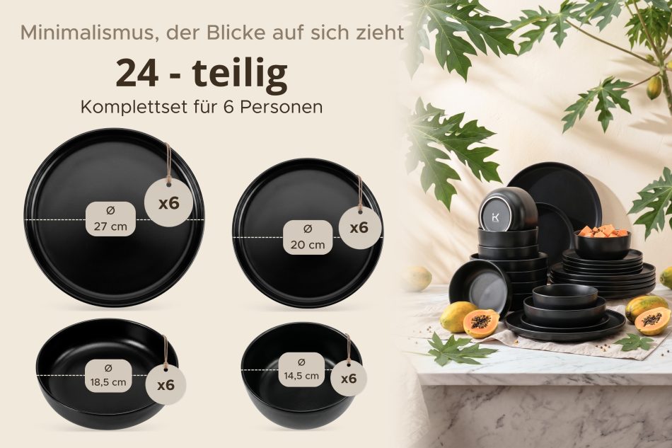VICTO Modernes Tafelservice 6-Personen-Set 24-teilig Schwarz matt schwarz/matt - Foto 10