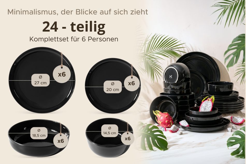 VICTO Tafelservice schwarz glänzend 6-Personen (24-tlg.) Schwarz glänzend - Foto 10