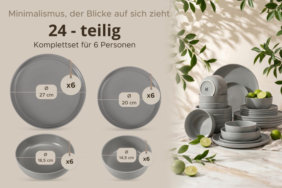 VICTO Modernes Tafelservice 6-Personen-Set 24-teilig grau grau - Foto 10