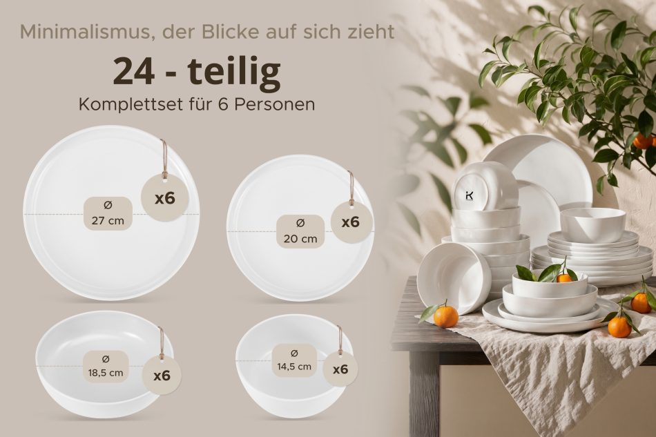 VICTO Modernes Tafelservice 6-Personen-Set 24-teilig weiß weiß - Foto 10