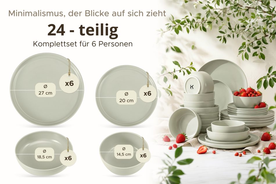 VICTO Modernes Tafelservice 6-Personen-Set 24-teilig beige/grün/grau matt beige/grün/grau matt - Foto 10