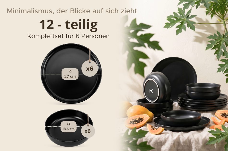 VICTO Tafelservice Schwarz 6-Personen (12 tlg.) Schwarz - Foto 6