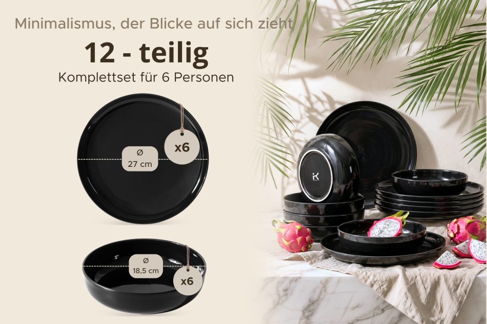 VICTO Tafelservice schwarz glänzend 6-Personen (12-tlg.) Schwarz glänzend - Foto 6