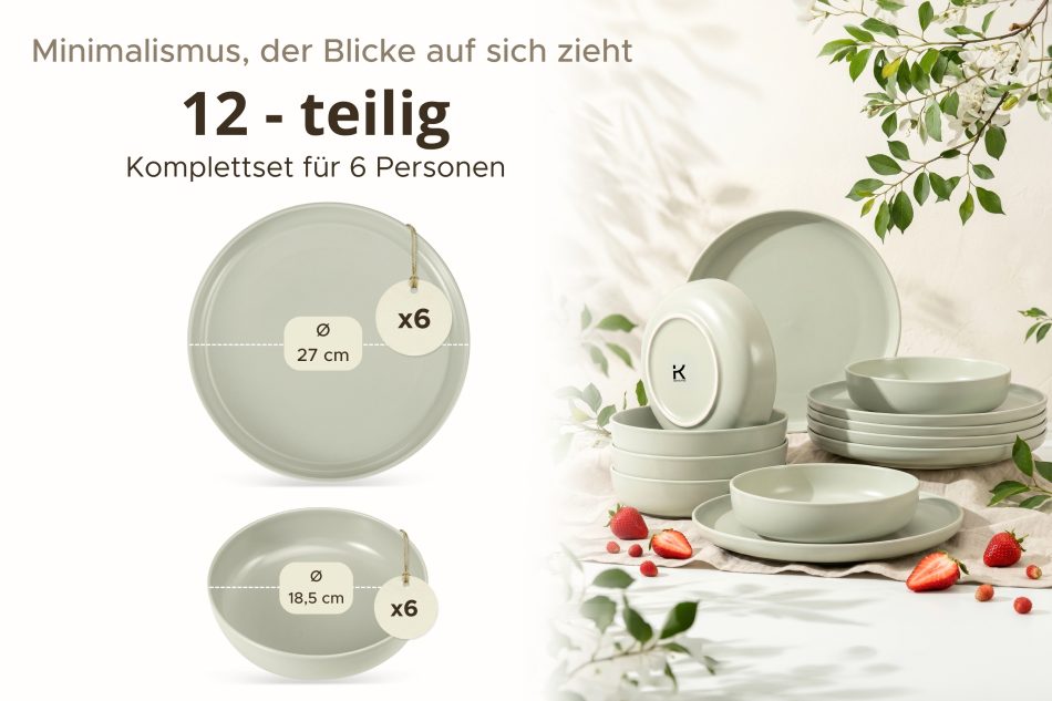 VICTO Tafelservice beige/grün/grau matt 6-Personen (12 tlg.) beige/grün/grau matt - Foto 6