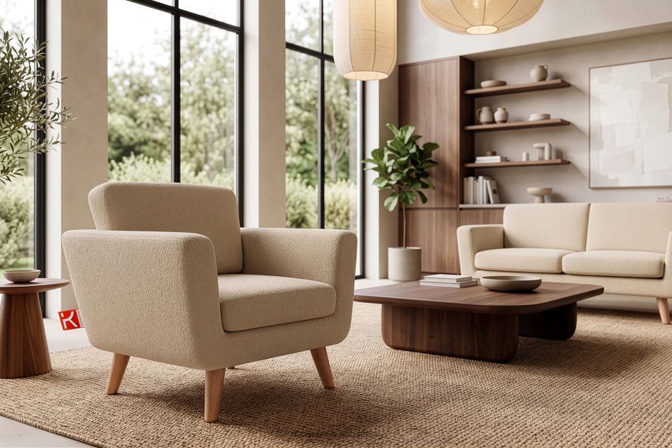 TAGIO Beiger skandinavischer Sessel Bouclé beige - Foto 12