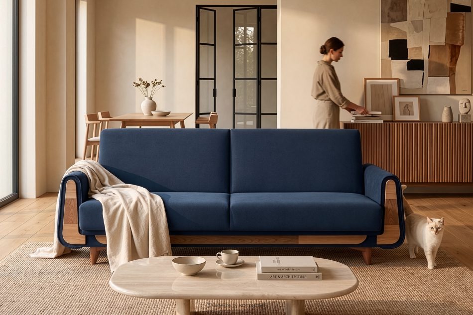 GUSTAVO Schlafsofa aus blauem Velours marineblau - Foto 8