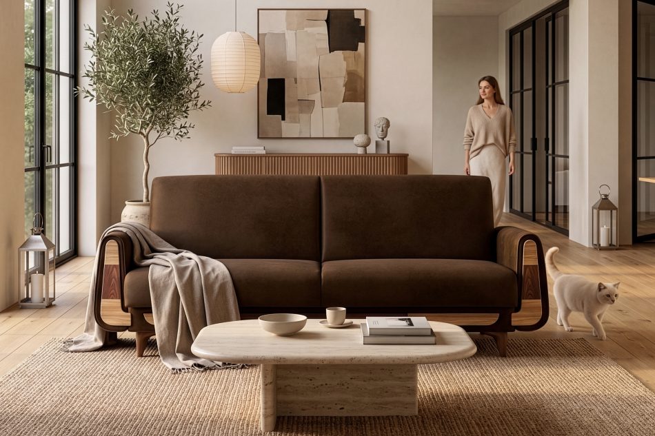 GUSTAVO II Ausklappbares Dreisitzer-Sofa im Wildlederimitat-Stil in dunkelbraun dunkelbraun - Foto 14