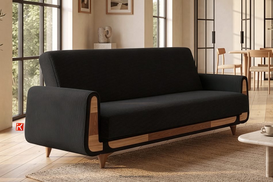 GUSTAVO II Ausklappbares Dreisitzer-Sofa aus schwarzem Kordstoff schwarz - Foto 1